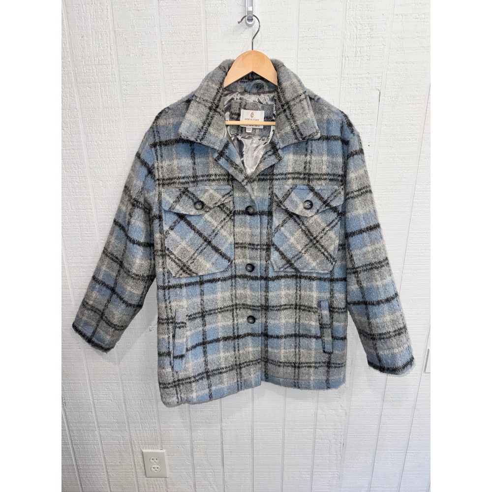 Jade & Ivory Shacket Women Medium Blue Grey Plaid Wool Blend Button Front M